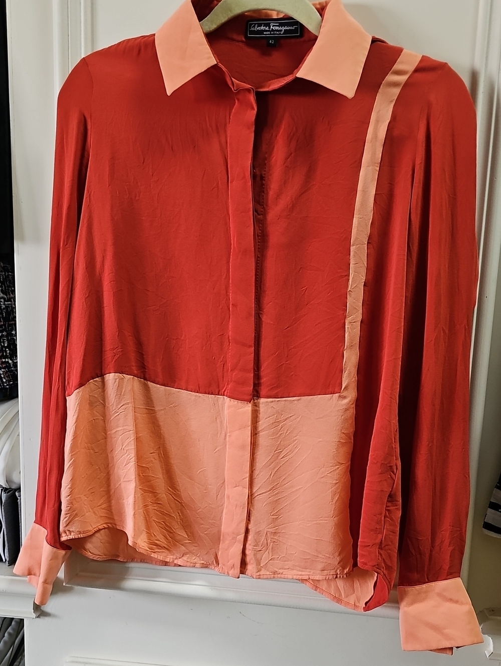 Salvatore Ferragamo Two-Tone Red and Peach Silk Button-Down Blouse